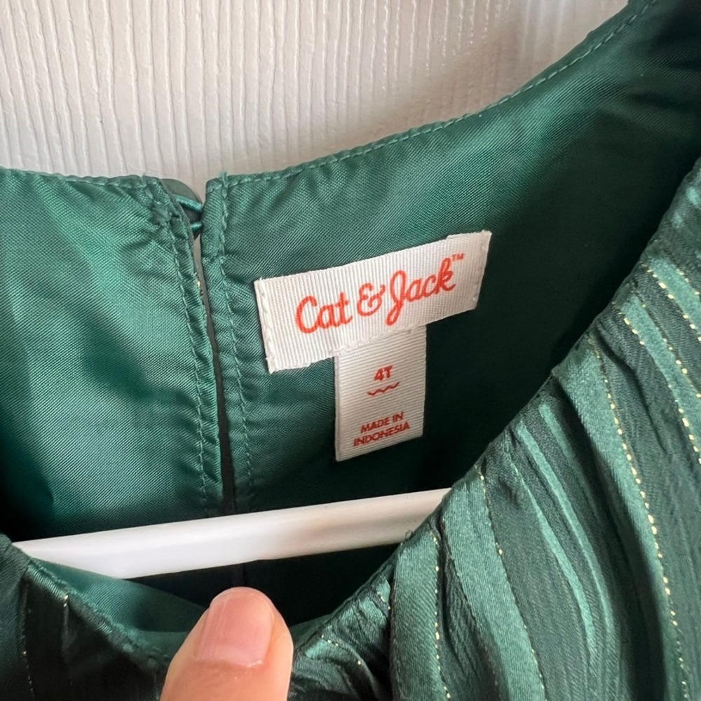 Cat &‎ Jack Girls' Dress Green Metallic Stripe Puff Sleeve Party Size 4T - Picture 2 of 8